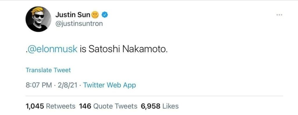 جاستین سان، بنیانگذار رمز ارز ترون در حساب توئیتر خود نوشت: "ایلان ماسک (صاحب کمپانی تسلا) همان ساتوشی ناکاماتو است."
